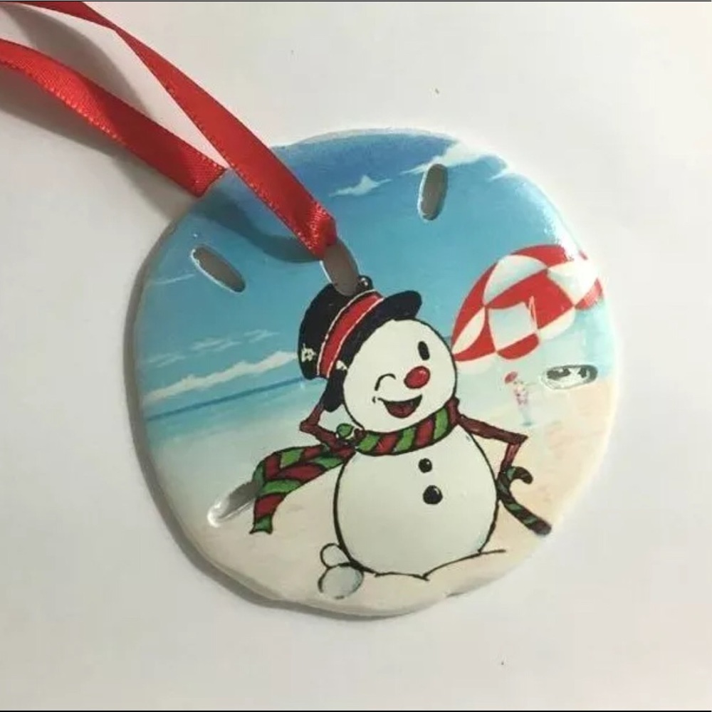 Winking Snowman on the Beach Sand Dollar Ornament